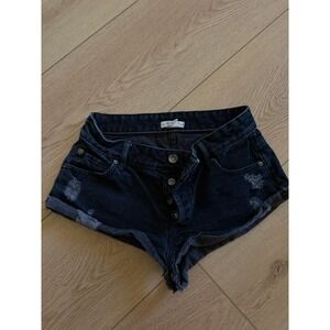 Roxy Womens Distressed Button Fly Denim Shorts Dark Wash Low Rise Size 24
